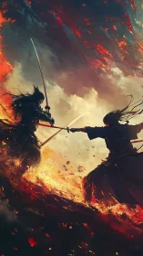 Twin blades crossing in a storm of fire and gathering night.