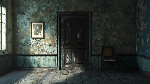 Quietly weathered doorway in a sunlit, forgotten room.