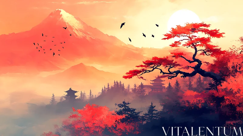 Sunlit Japanese mountain valley glows in fiery autumn mist