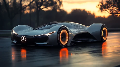 Sunset glide with a futuristic silver concept roadster.
