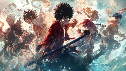 Sword-wielding anime warriors surge through elemental chaos.