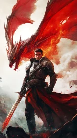 Dragonbound knight in crimson stormlit battlefield stance.