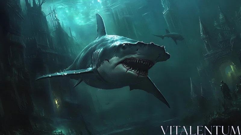 Large shark swims through sunken architectural environment