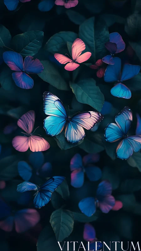 Blue and pink butterflies over dark green leaf background.