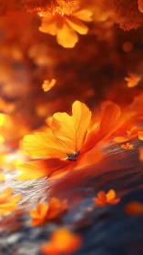 Luminous orange flower drifts over softly rippled water