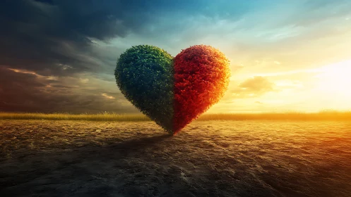 Dual-Toned Heart Emerges Desert Landscape Sunset.