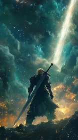 Starlit warrior carves a blazing path through cosmic night