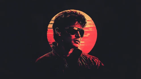 Stylized portrait of sunglasses wearer against red sun backdrop