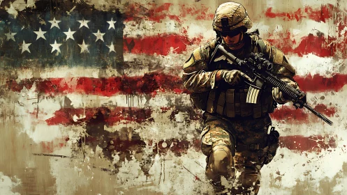 Soldier in combat gear advances before distressed US flag