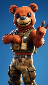 Battle-ready teddy hero flashing a cheeky peace sign.