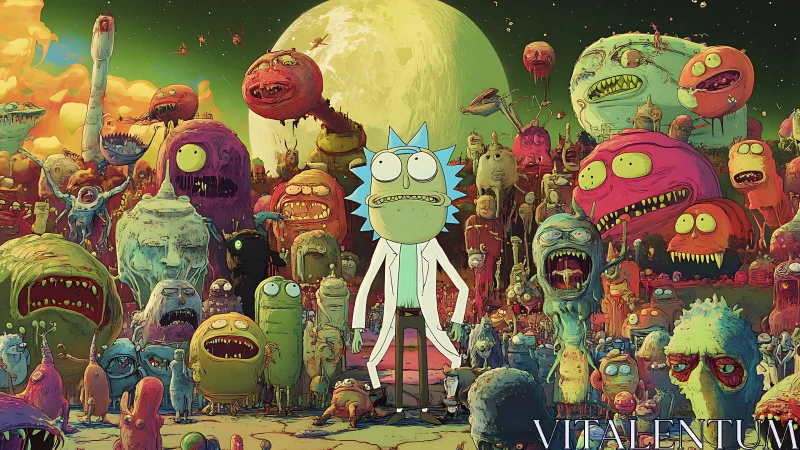 Digital painting of scientist amid grotesque alien horde on moonlit world.