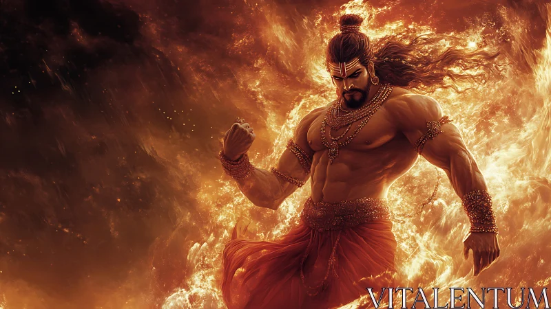 Mythic fire warrior in dynamic volumetric flame turbulence.