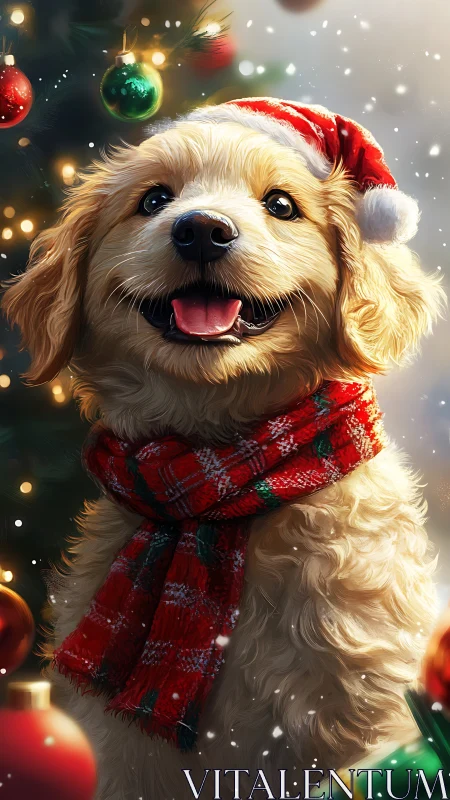 Golden retriever puppy in Christmas scarf and Santa hat.