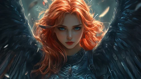 Fiery haired winged warrior gazes forward with steady courage