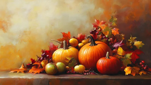 Pumpkins rest among autumn leaves on warm painted table