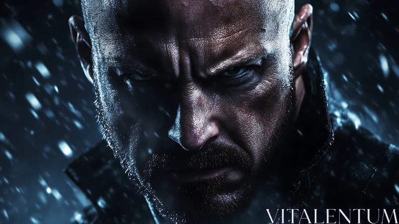 Hyper-detailed cinematic close-up of intense bald warrior.