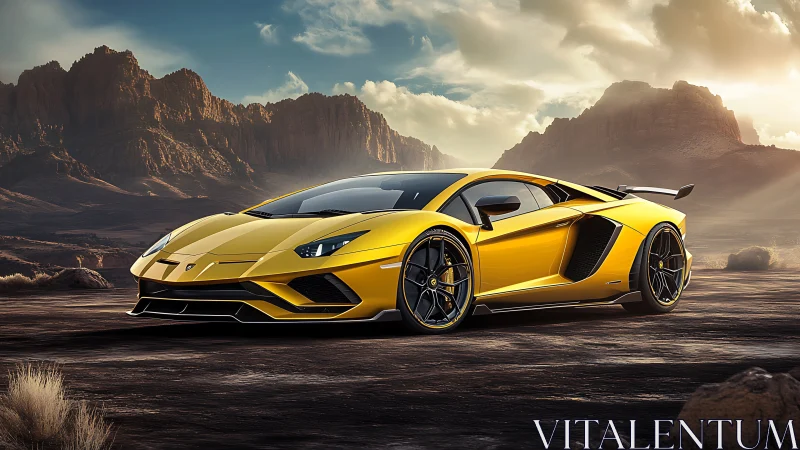 Yellow supercar stands on desert plain with rocky mesas behind