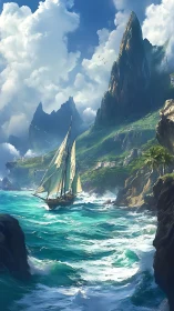 Tall ship cuts through turquoise surf below towering cliffs