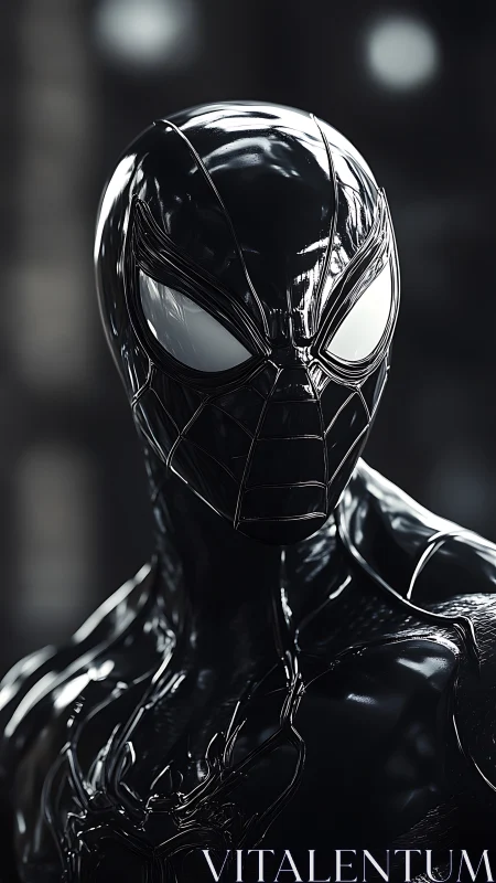 Black glossy spider-themed superhero suit in close focus.
