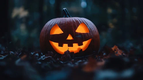 Illuminated jack o lantern on forest floor at dusk.