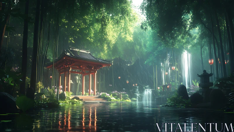 Tranquil red pavilion beside waterfalls in misty bamboo grove.