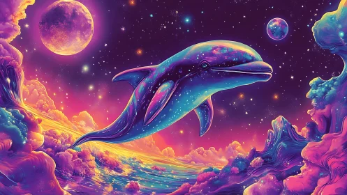 Celestial dolphin gliding through neon cosmic seascape.