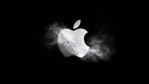 Apple-style white logo explodes through dark minimal space.