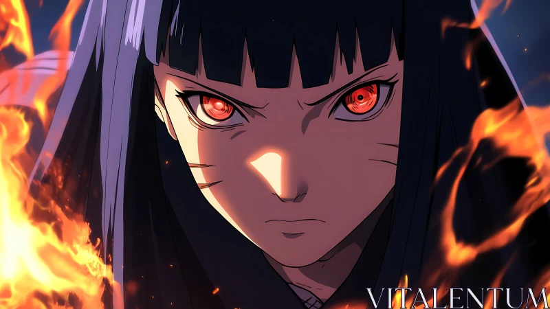 Anime character close-up with glowing red eyes and flames.