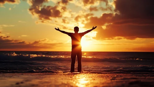 Backlit human silhouette in high-contrast ocean sunset scene.