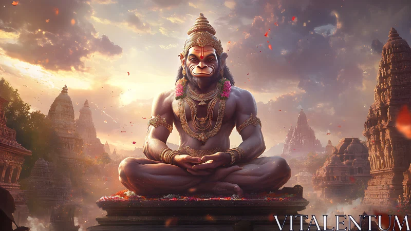 Divine simian deity in lotus pose amid golden temple skyline.