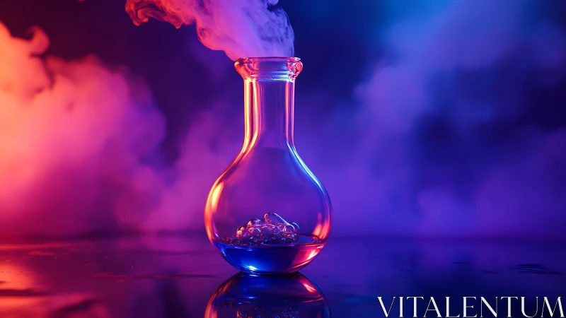 Glass chemistry flask with vapor in neon studio light.