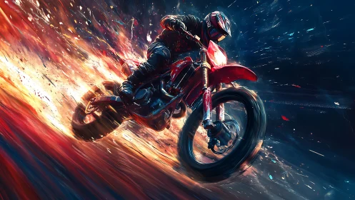 Motorcyclist on dirt bike amid dynamic color streaks.