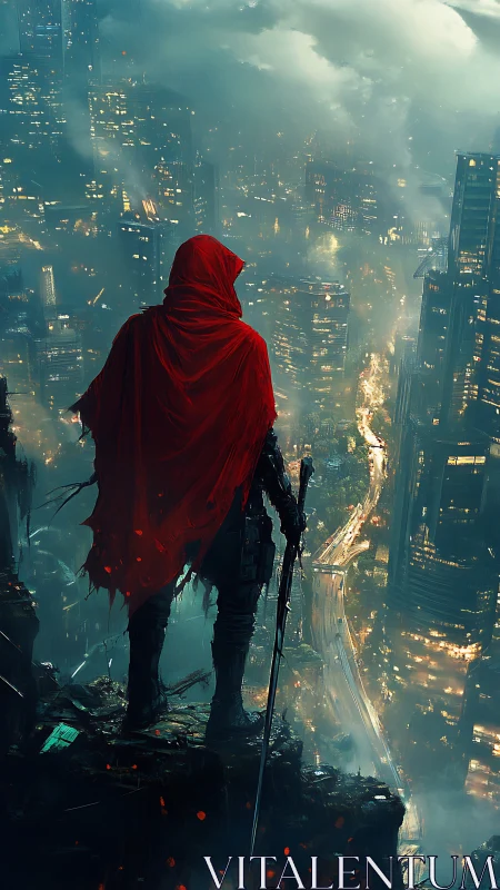 Red cloaked sentinel surveys neon-drenched dystopian megacity