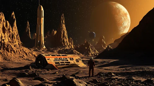 Crewed Mars outpost with lander, rockets and multi-moon vista