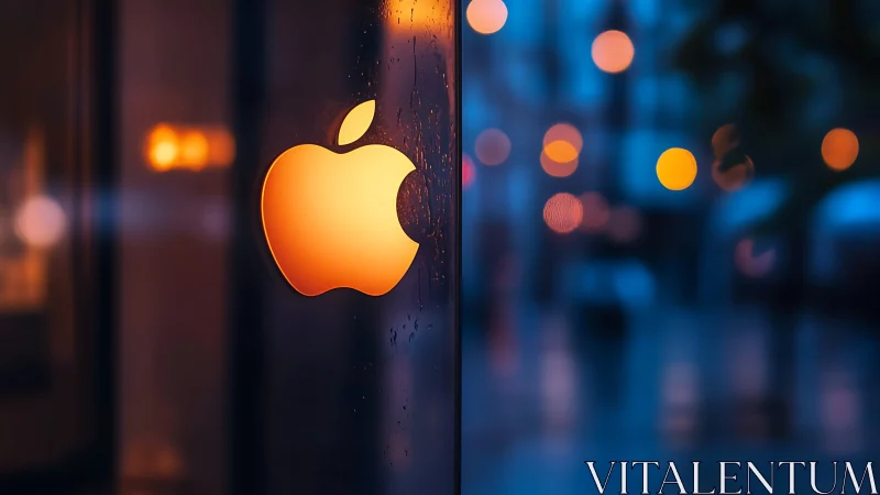 Illuminated apple-shaped logo on wet glass surface at night.