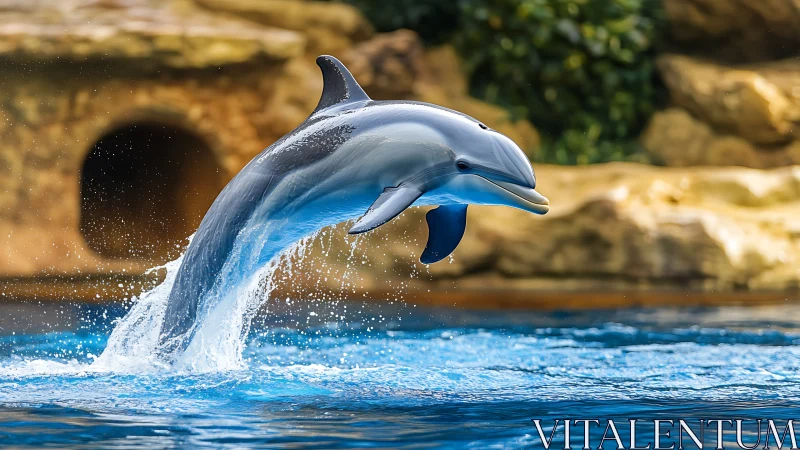 Dolphin arcs above azure pool amid warm rocky backdrop.