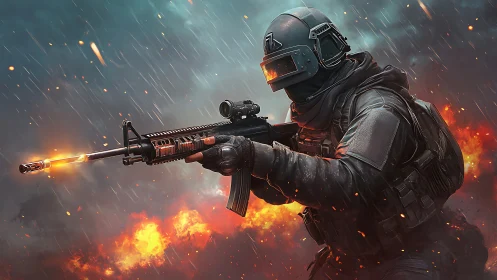 Armored tactical soldier fires rifle amid heavy rain