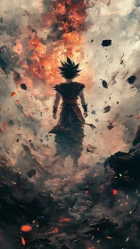 Silhouetted fighter in eruptive debris field environment.