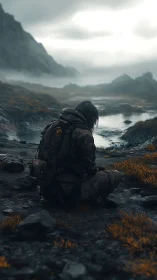 Solitary trekker resting beside a mist-laden mountain river.