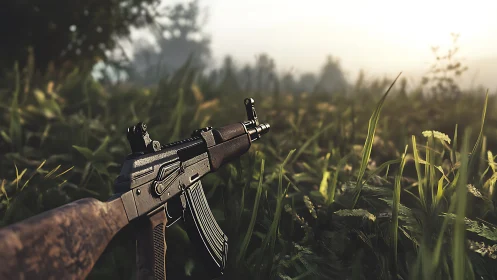 Assault rifle in dewy meadow with cinematic depth of field.
