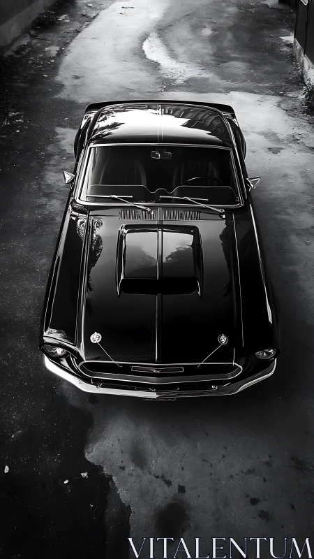 Overhead study of glossy black vintage muscle car elegance.