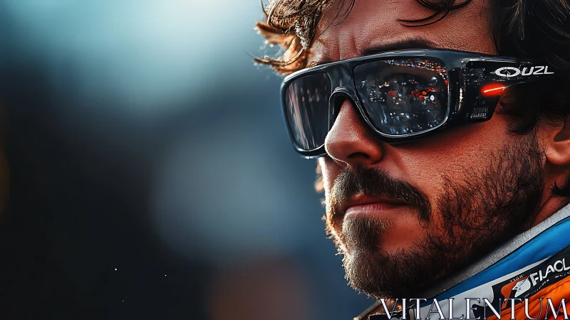 Focused racer in reflective sunglasses ready for action.