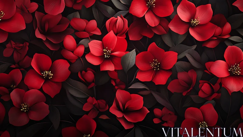 High-Contrast Floral Composition: Luminous Red Petals Against Deep Black Ground.