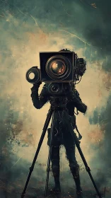 Surreal cameraman silhouette merged with vintage tripod lens.
