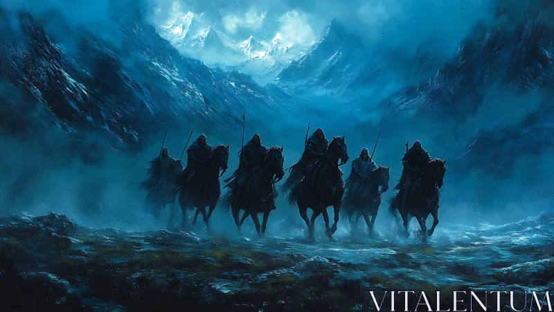 Mounted figures crossing misty valley toward icy peaks.