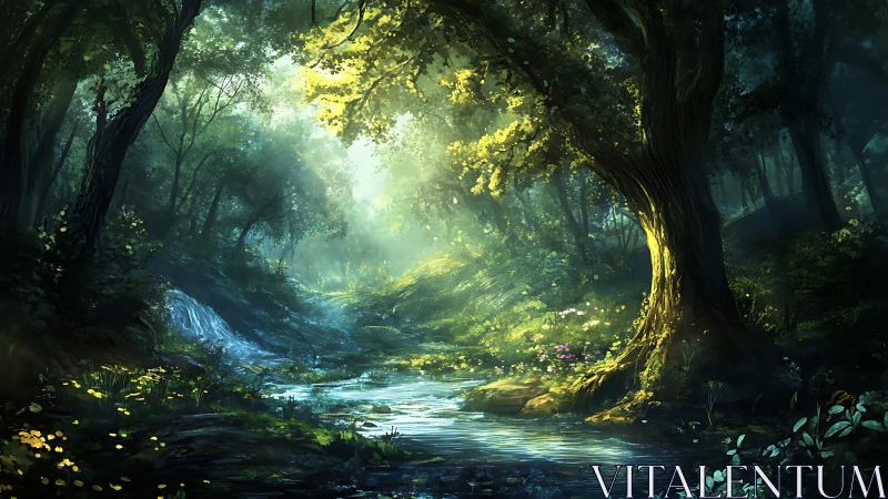 Enchanted Forest Stream with Golden Light.