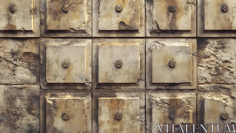 Weathered concrete wall shows grid of recessed square panels