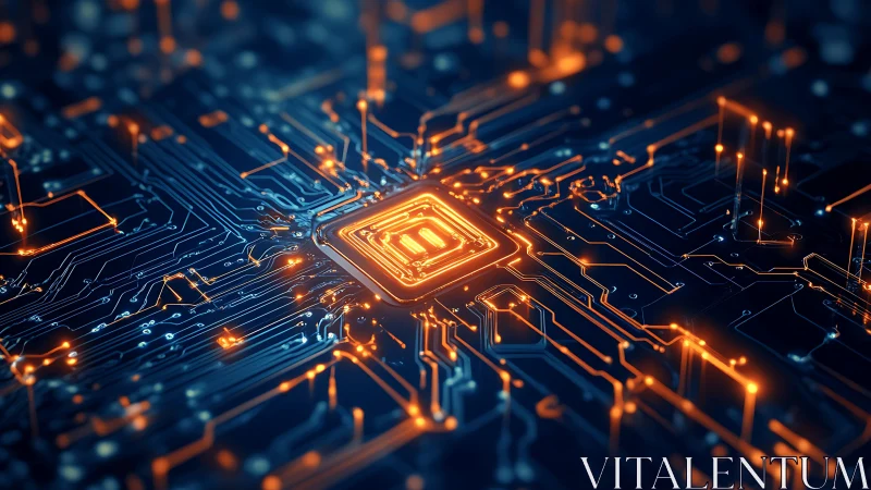 Glowing microchip on dark circuit board with neon traces.