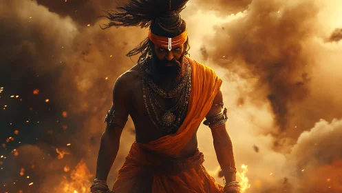 Mythic warrior ascetic amid pyroclastic cloud dynamics.