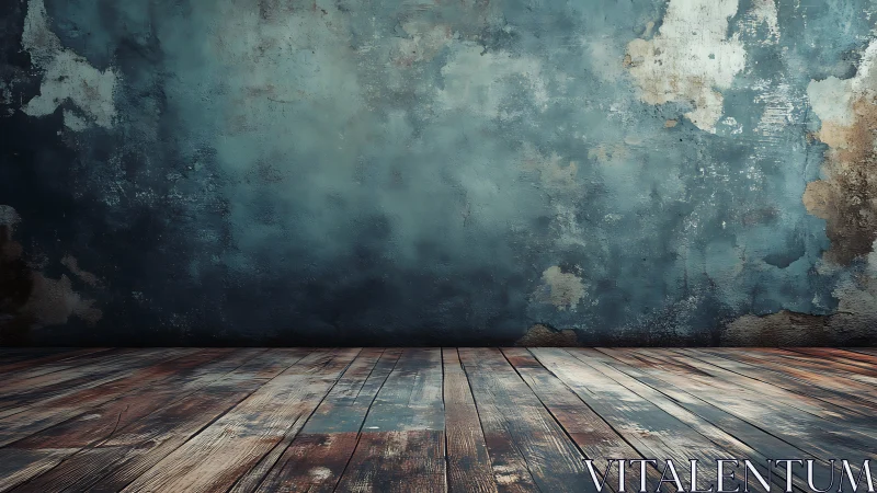 Textured vintage interior with weathered wall and floorboards.